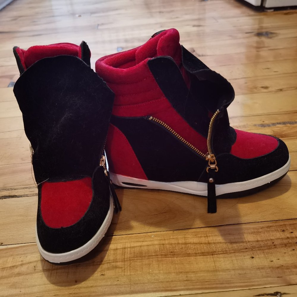 Black red wedge platform shoes zipper